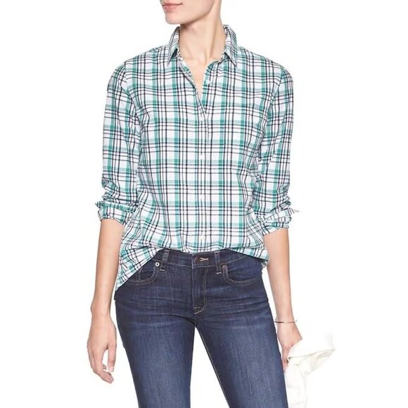 2/$30 Banana Republic Poplin Softwash Classic Plaid Shirt Green Blue #BAG2 - Picture 1 of 8
